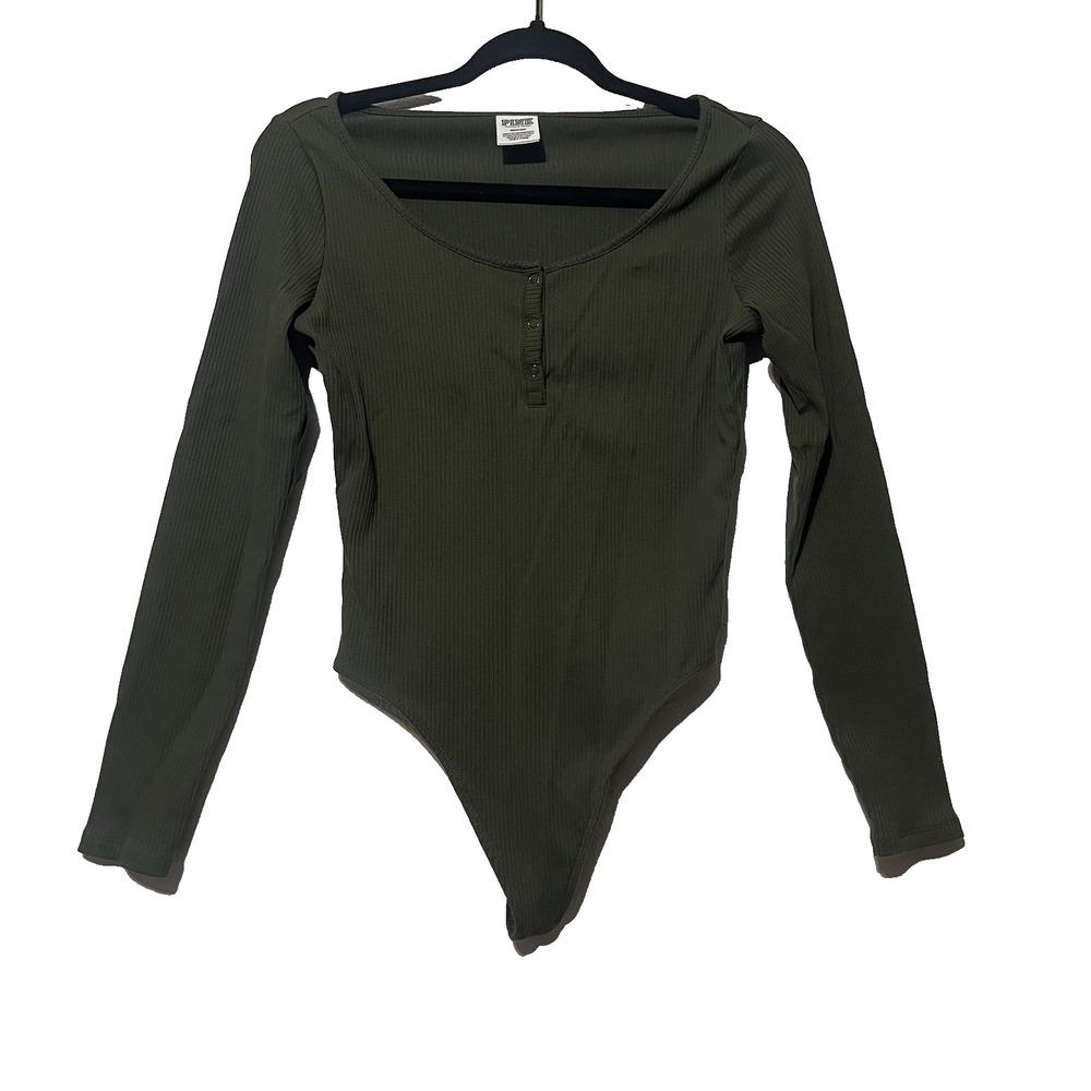 PINK Victoria's Secret Long sleeve Bodysuit Women Green Ribbed Henley M